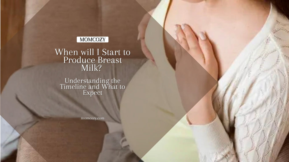 A pregnant woman holding her breast, with text about breast milk production timeline