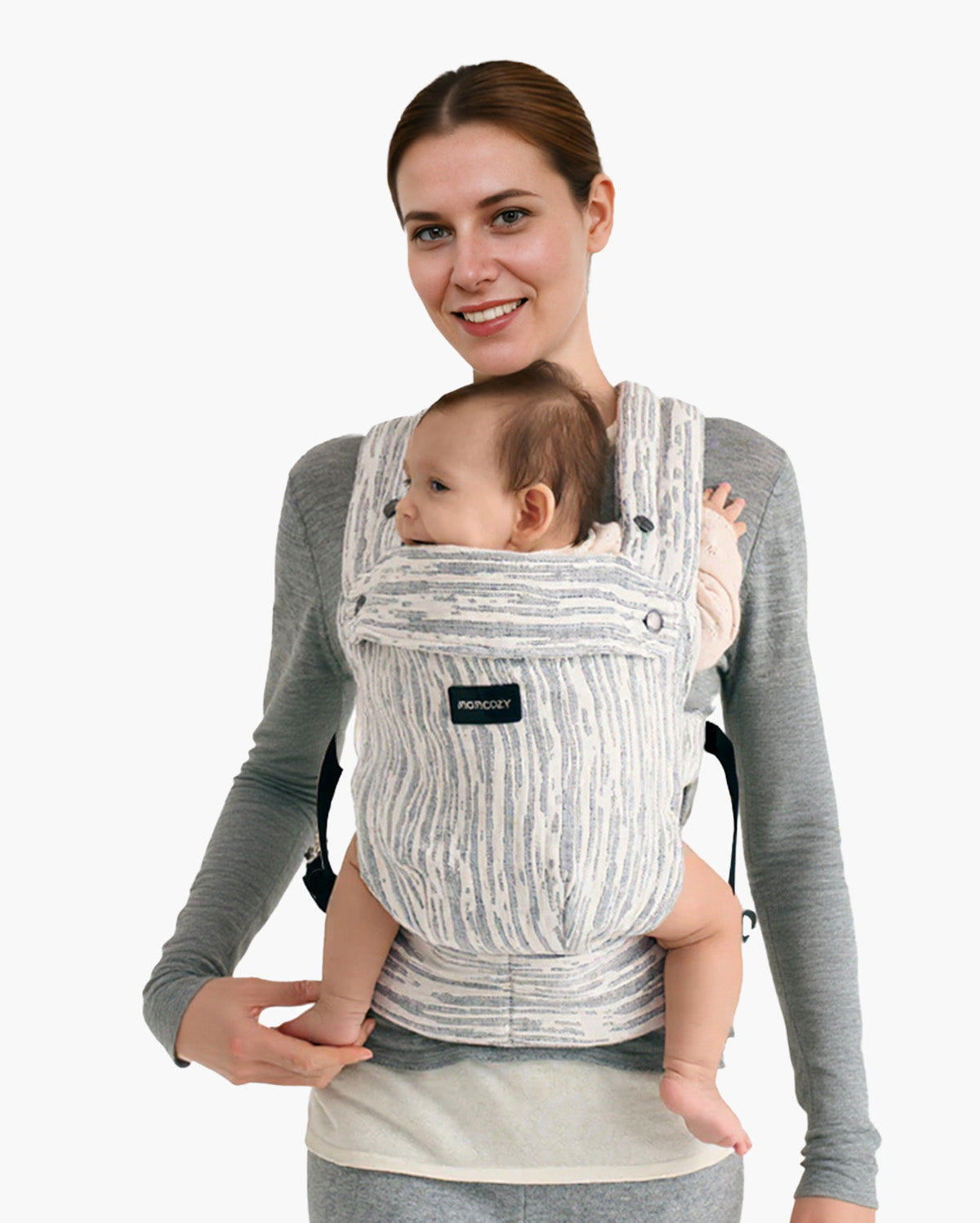 Momcozy PureHug carrier, mother babywearing. Striped grey & white ergonomic design, comfortable babywearing.