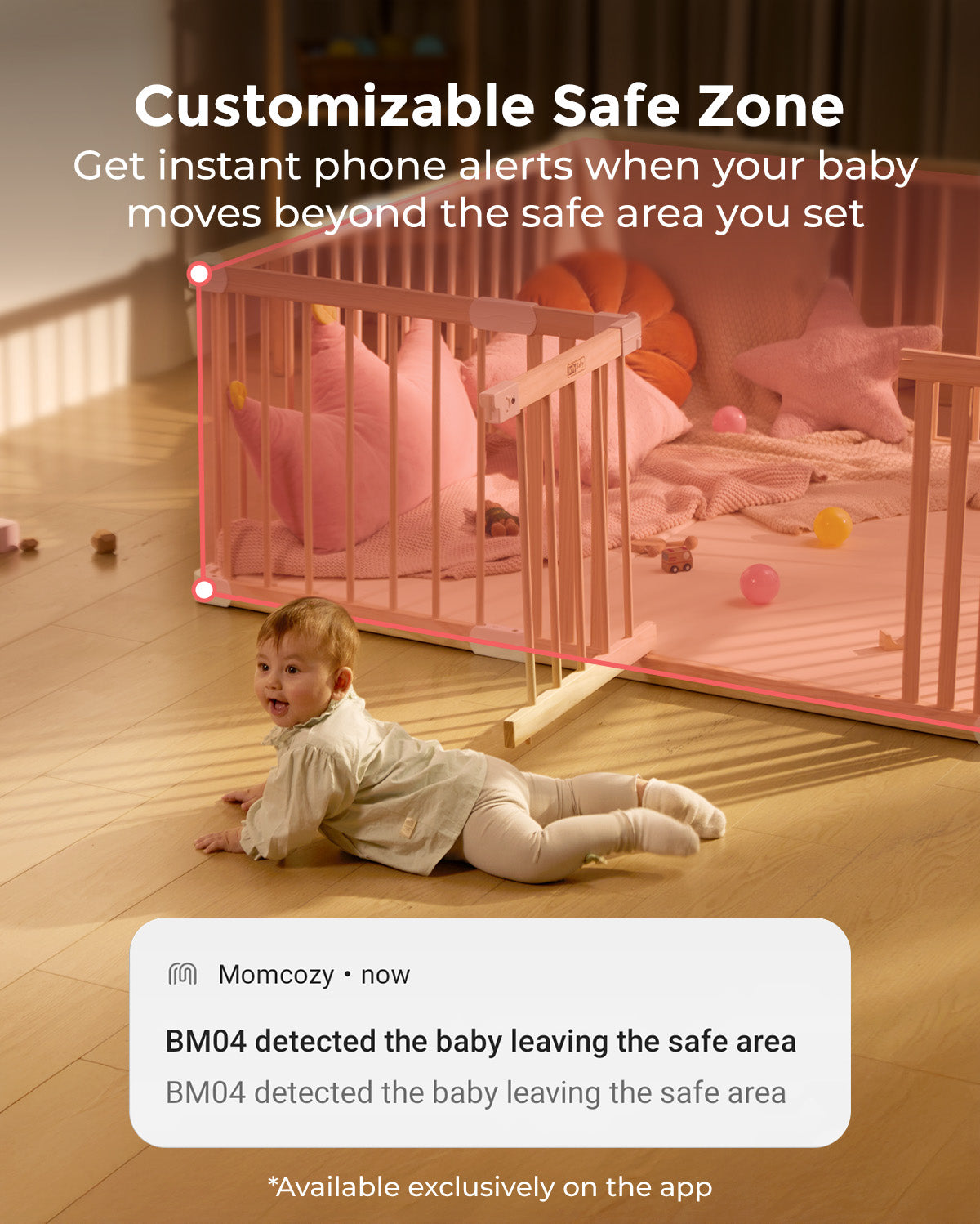 Momcozy BM04 Smart Baby Monitor: Alerts for leaving the safe area, featuring baby, playpen, and app notification.