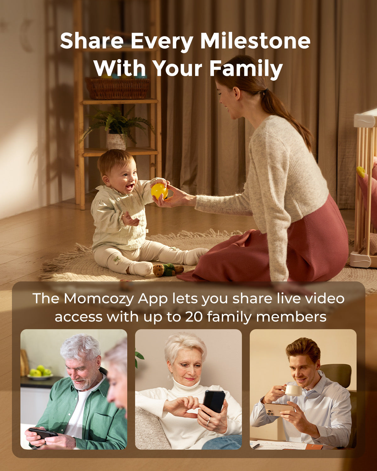 Momcozy BM04 baby monitor. Share baby's milestones with family, allowing video access. Baby, mother, and family members.