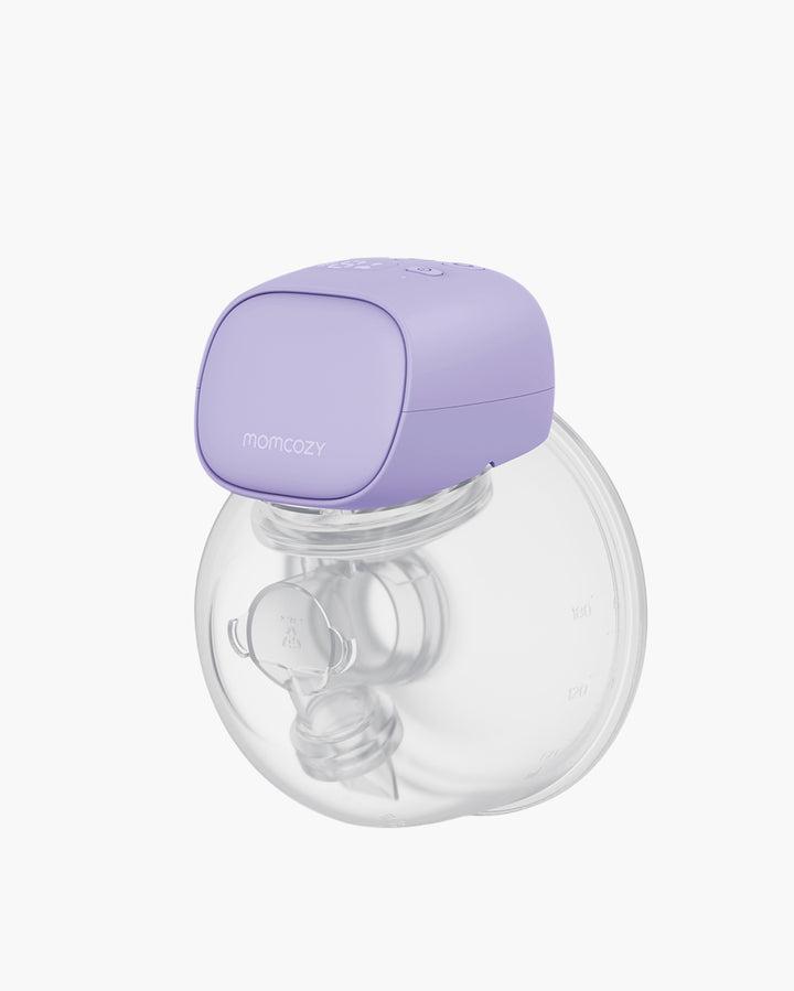 S9 Pro Wearable Breast Pump in soft purple with clear milk collector and compact design.