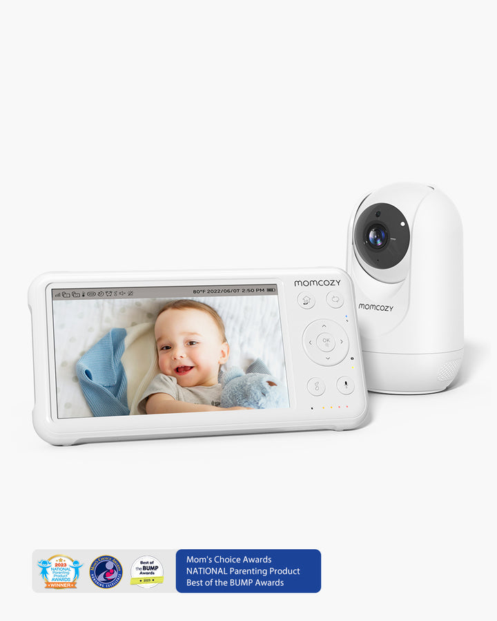 Momcozy 1080P High-Performance Video Baby Monitor BM01 showing a baby on the screen with camera unit, awarded Mom's Choice Awards, NATIONAL Parenting Product, Best of the BUMP Awards