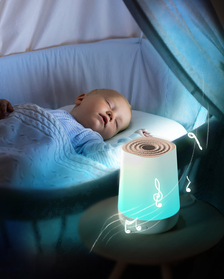 Sleeping baby in a crib with soft light and musical notes from a smart baby sound machine creating a soothing environment