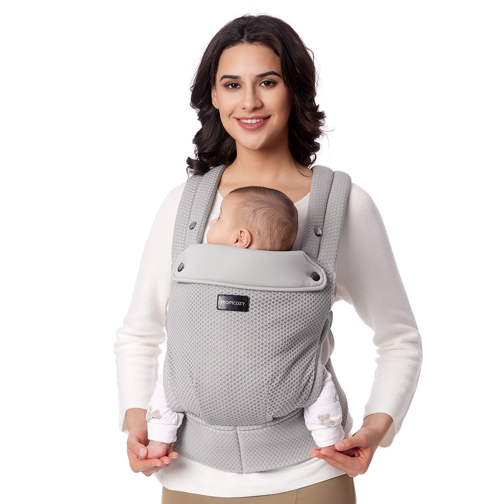 Momcozy PureHug baby carrier in grey, babywearing image. Comfortable and ergonomic design for newborns and mothers.