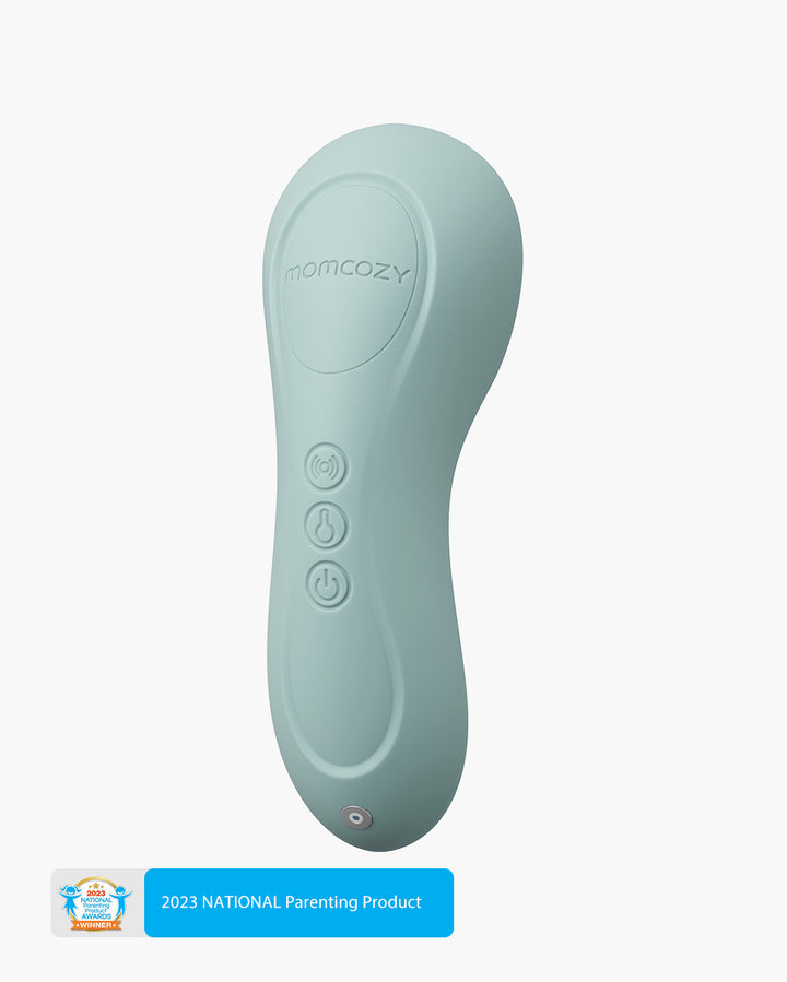 Momcozy 3 Mode Adjustable Lactation Massager with ergonomic design, three vibration mode buttons, and a 2023 NATIONAL Parenting Product award badge