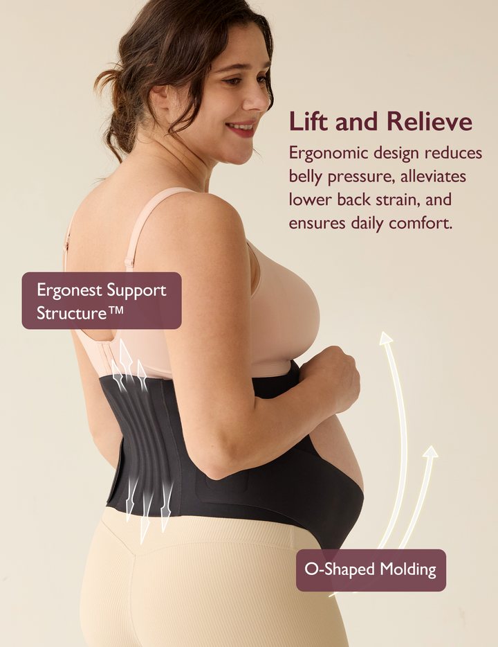 Pregnant woman showcasing Momcozy Ergonest Maternity Belly Band with ergonomic support details.