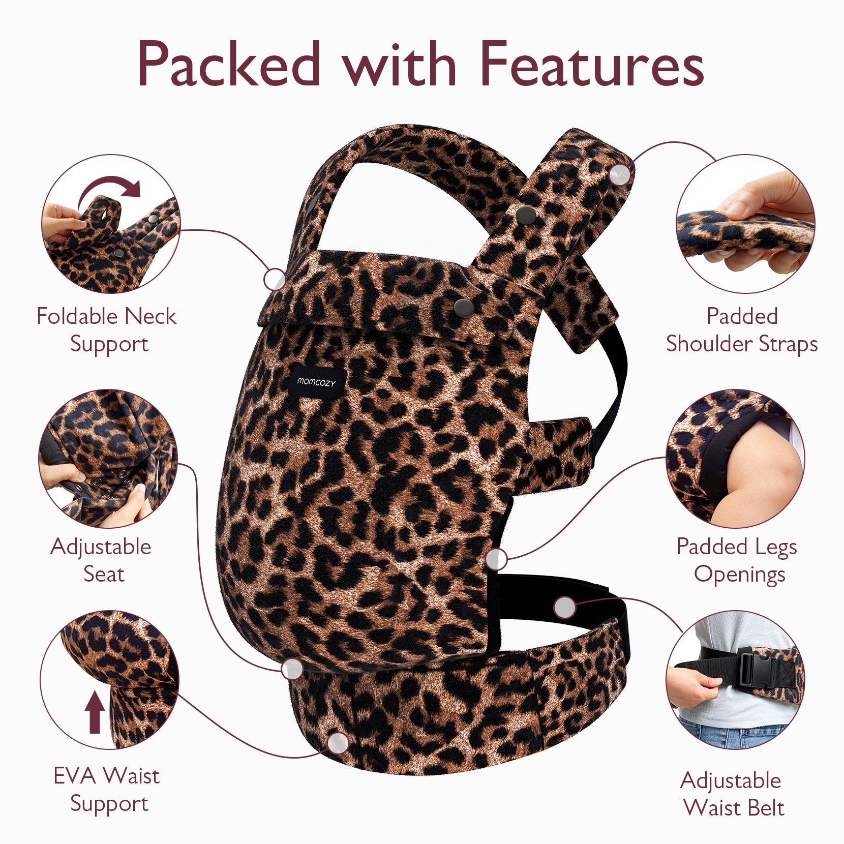 Leopard print Momcozy PureHug baby carrier with adjustable features, including foldable neck support and padded straps.