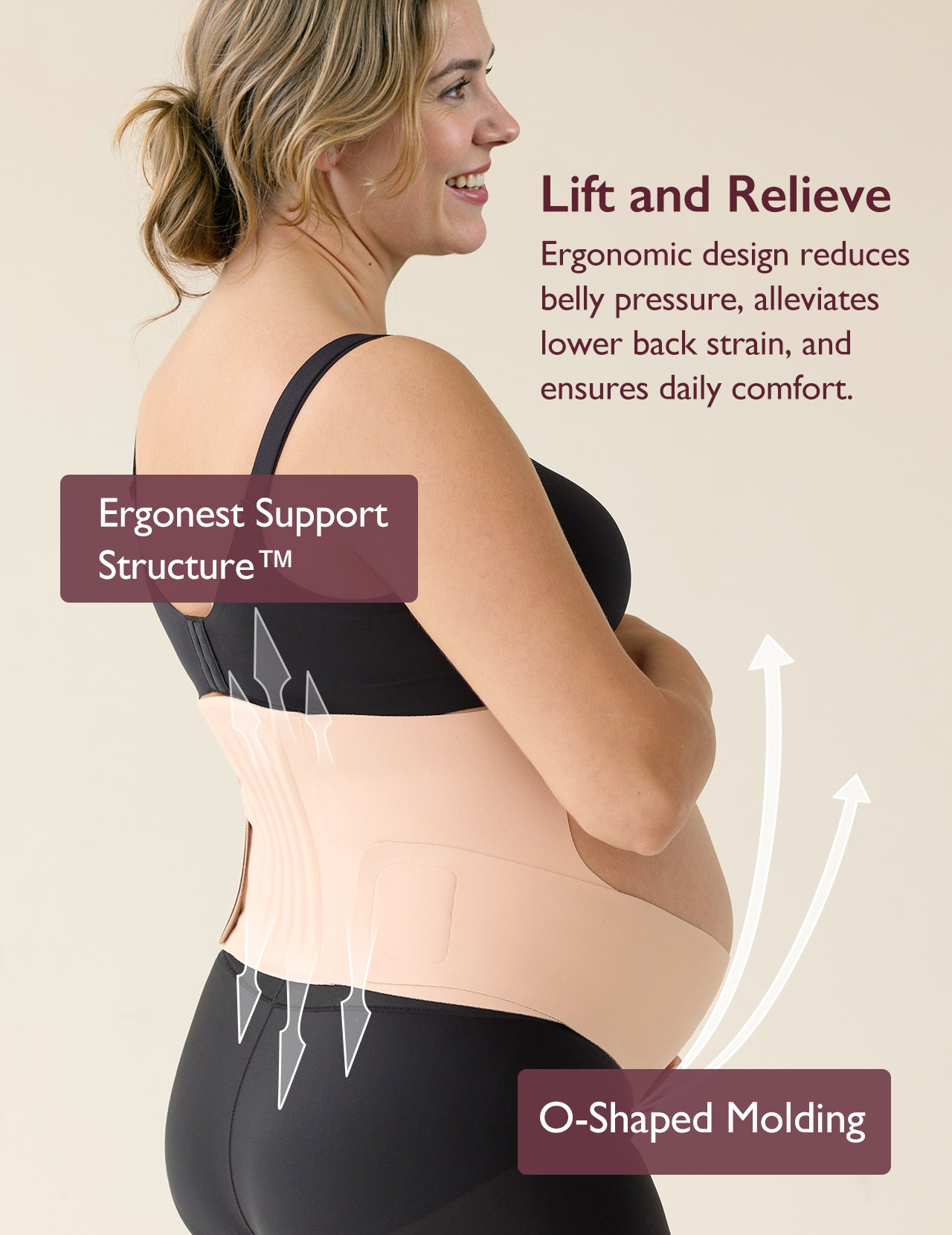 Pregnant person wearing beige BumpEase maternity belly band with Ergonest support structure and O-Shaped molding.