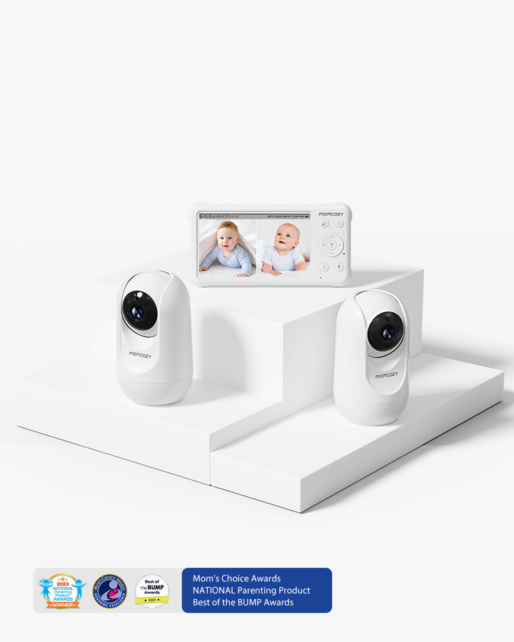 1080P High-Performance Video Baby Monitor BM01 with white cameras and screen displaying two babies, featuring Mom's Choice Awards, NATIONAL Parenting Product, and Best of the BUMP Awards at the bottom