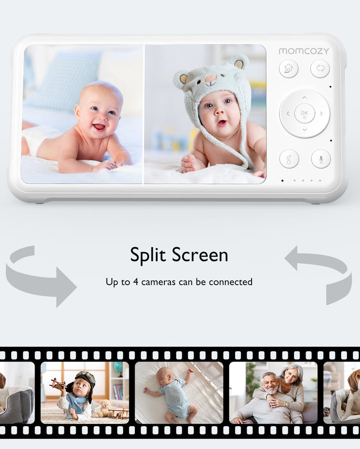 Momcozy 1080P High-Performance Video Baby Monitor BM01 displaying split-screen view with two babies, featuring text 'Split Screen' and 'Up to 4 cameras can be connected'.