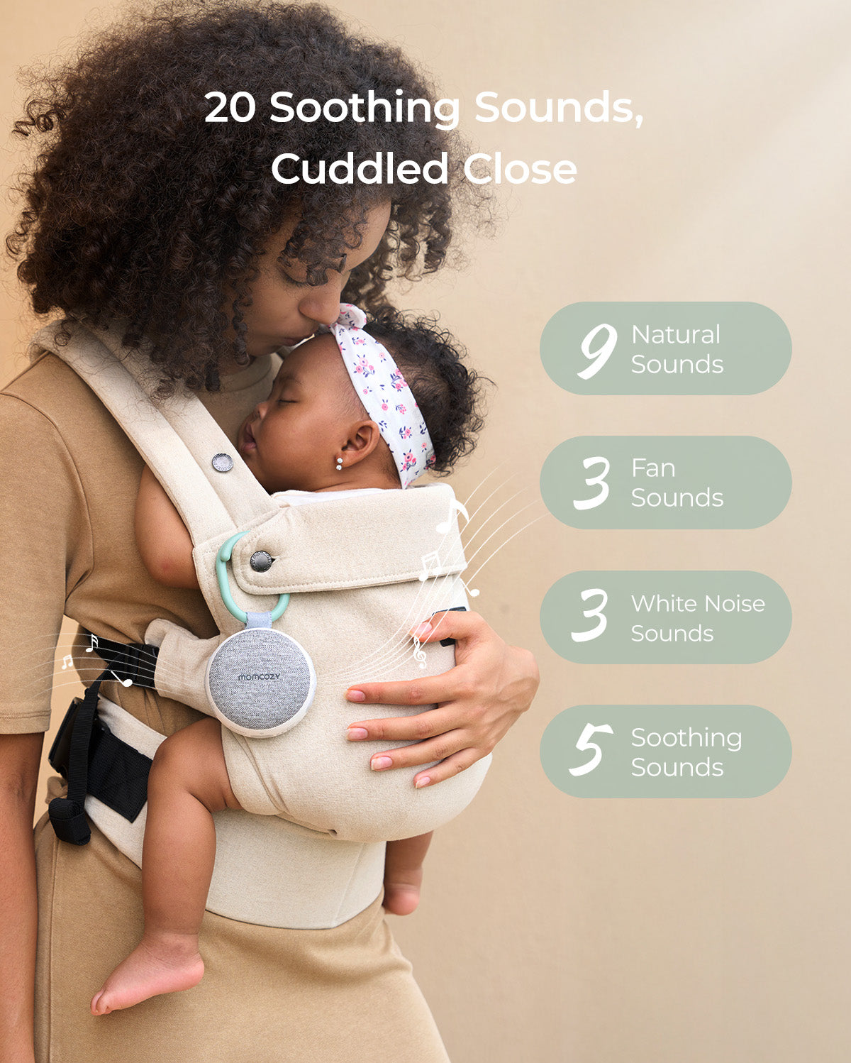Momcozy portable sound machine soothing baby with 20 sounds, including natural, fan, white noise, and soothing sounds.