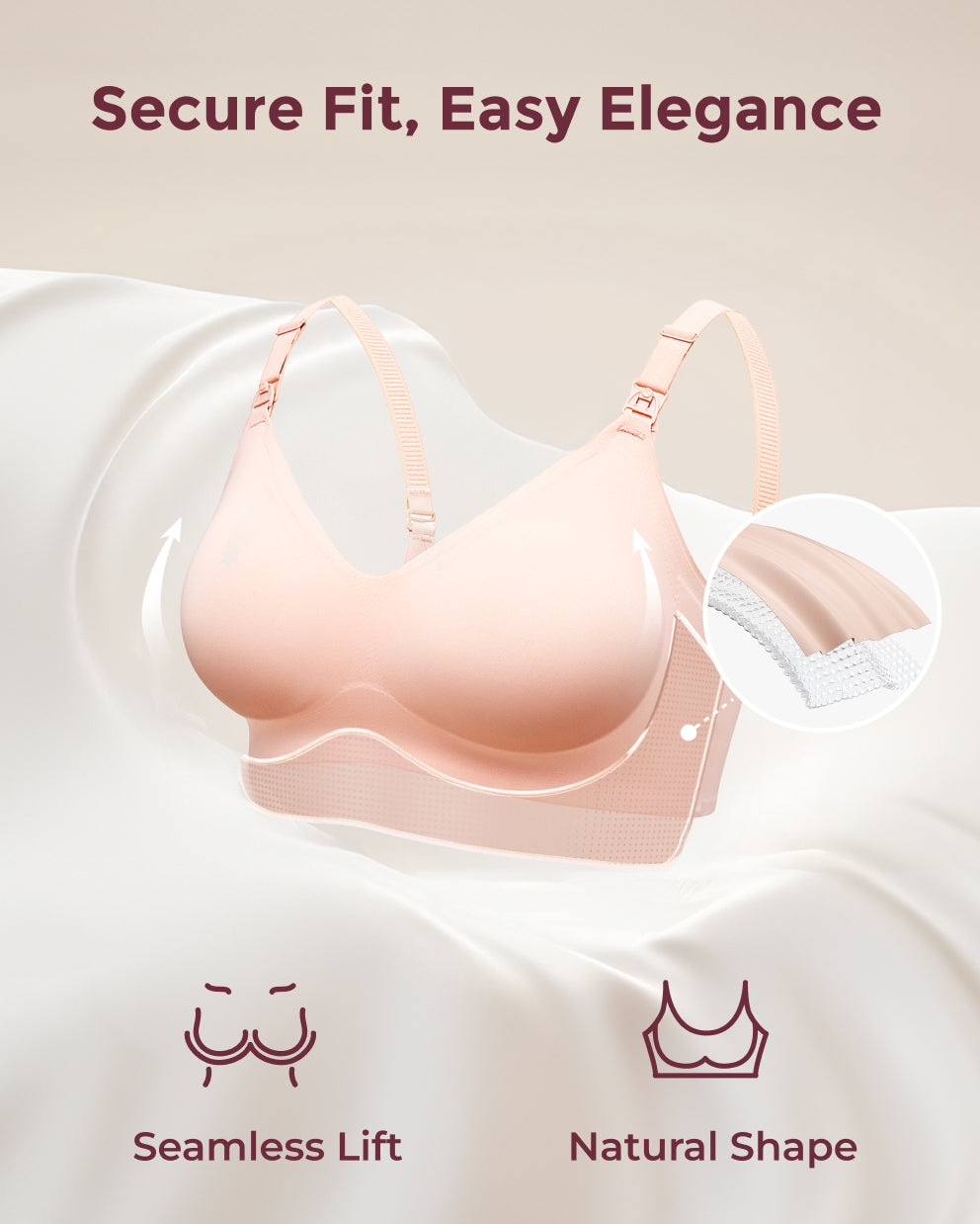 Light peach Ultra Soft Seamless Nursing Bra YN21 showing structural design for Seamless Lift, Natural Shape, Secure Fit.