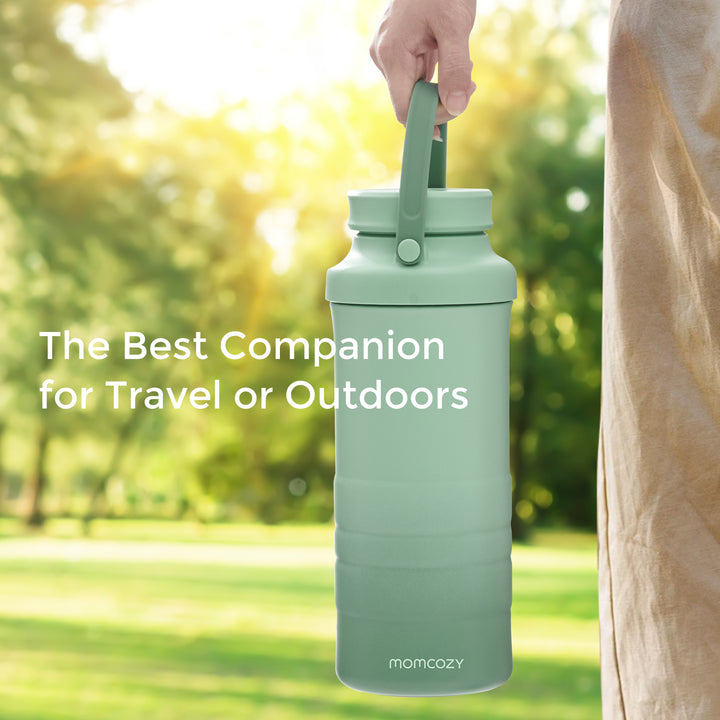 Momcozy portable breast milk cooler for outdoor use, featuring a green design.