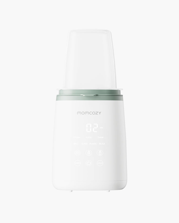 Momcozy 6-in-1 fast baby bottle warmer with LED display and multiple functions icons.