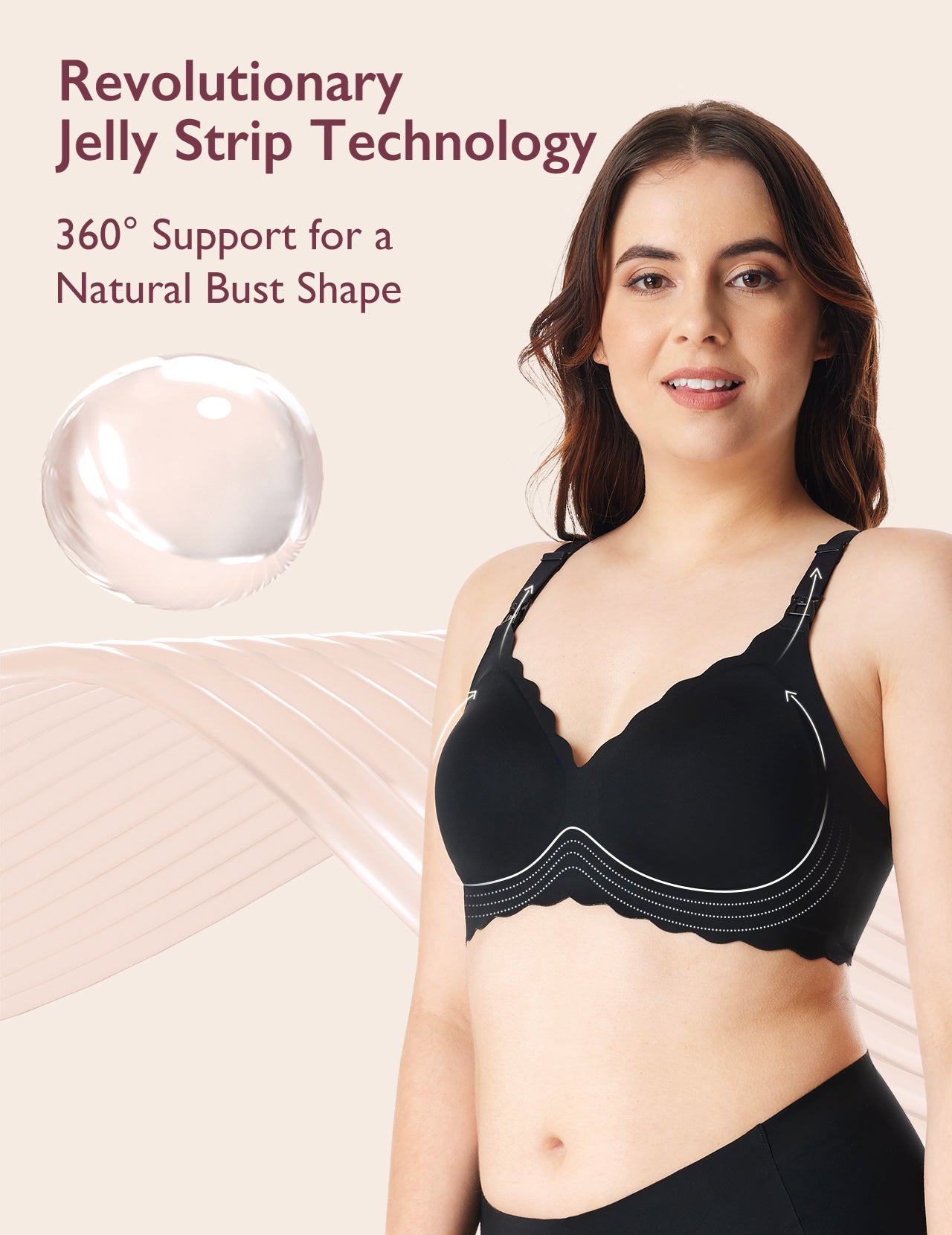 Woman models black Jelly Strip Seamless Nursing Bra YN46, illustrating Jelly Strip Technology, 360° support for M9 Pump.
