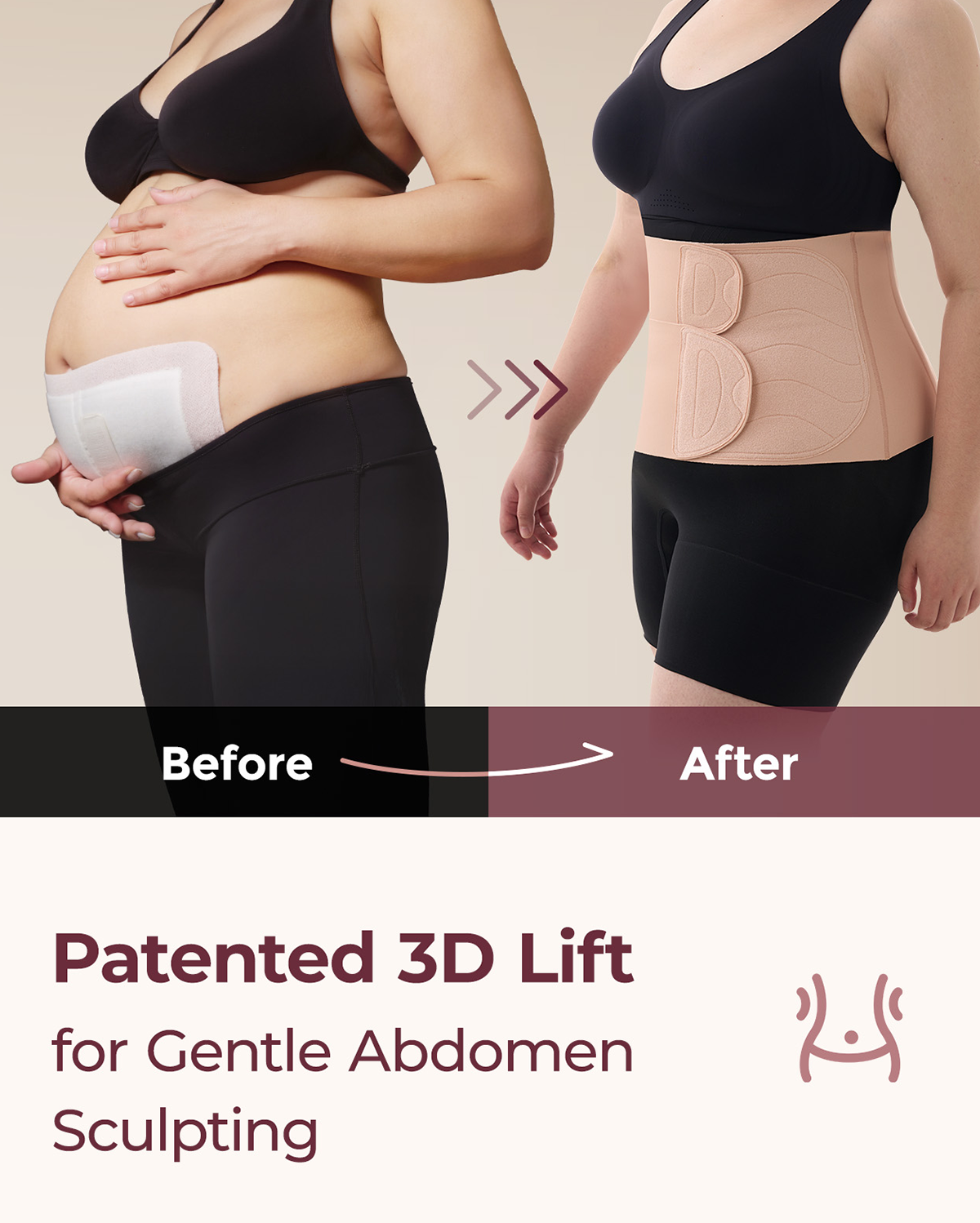 Momcozy Ergowrap postpartum belly band before and after, gentle abdomen sculpting, patented 3D lift, postpartum support.