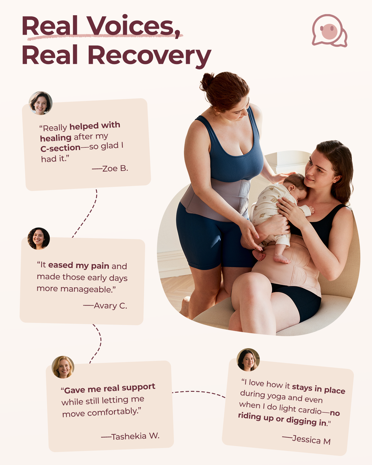 Momcozy Ergowrap Postpartum Belly Band in use, featuring customer testimonials about comfort and recovery.