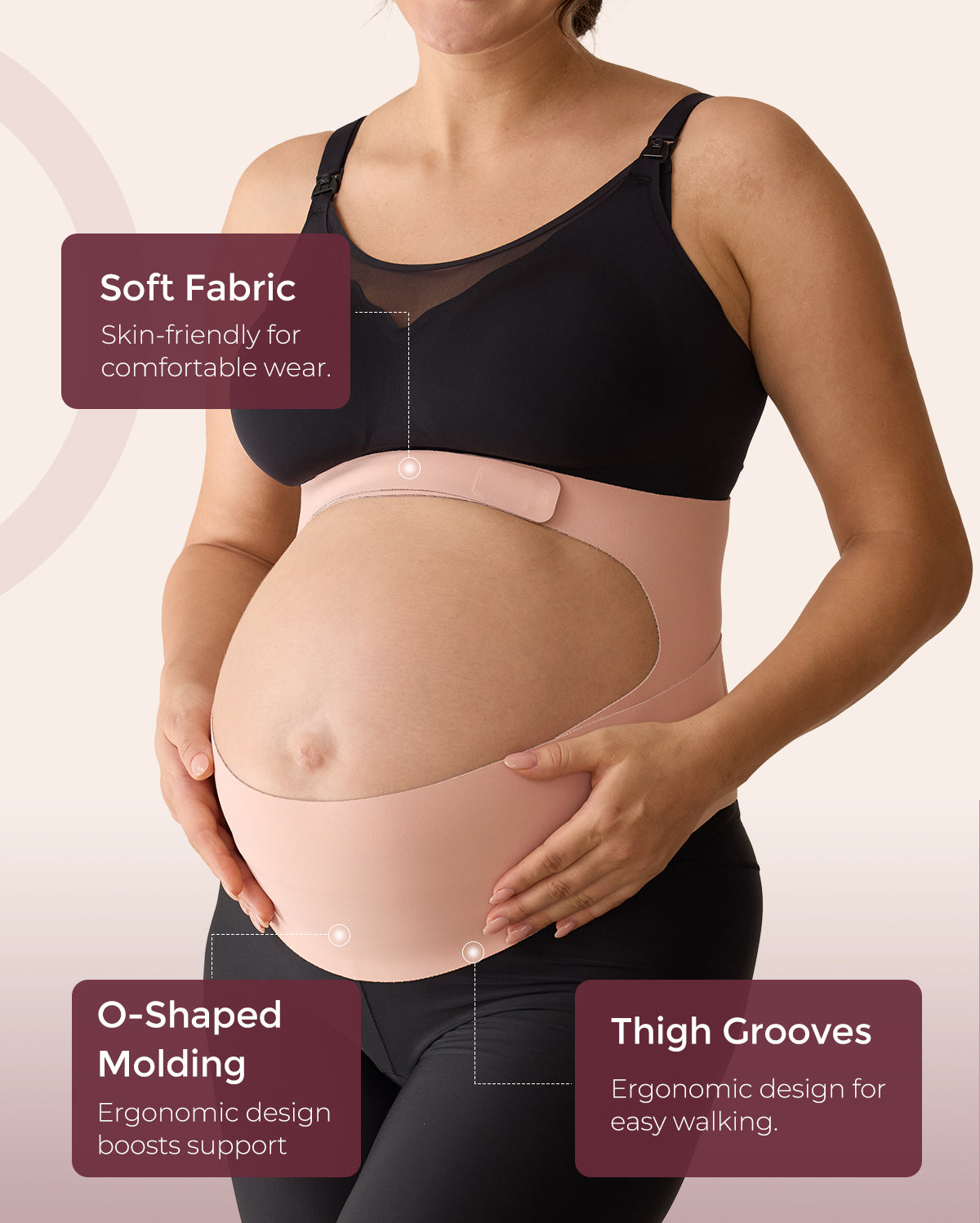 Peachy-pink BumpEase maternity band: soft fabric, O-shaped molding, thigh grooves for support & easy walking.