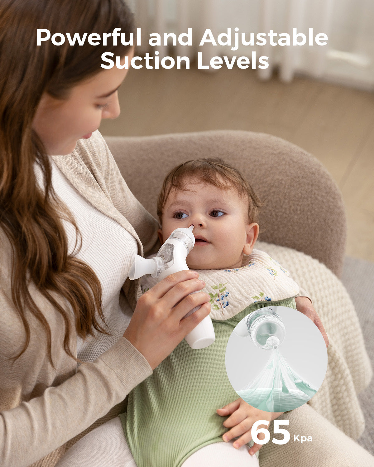 Momcozy BreezyClear nasal aspirator in use, demonstrating powerful and adjustable suction levels for gentle baby nasal care.