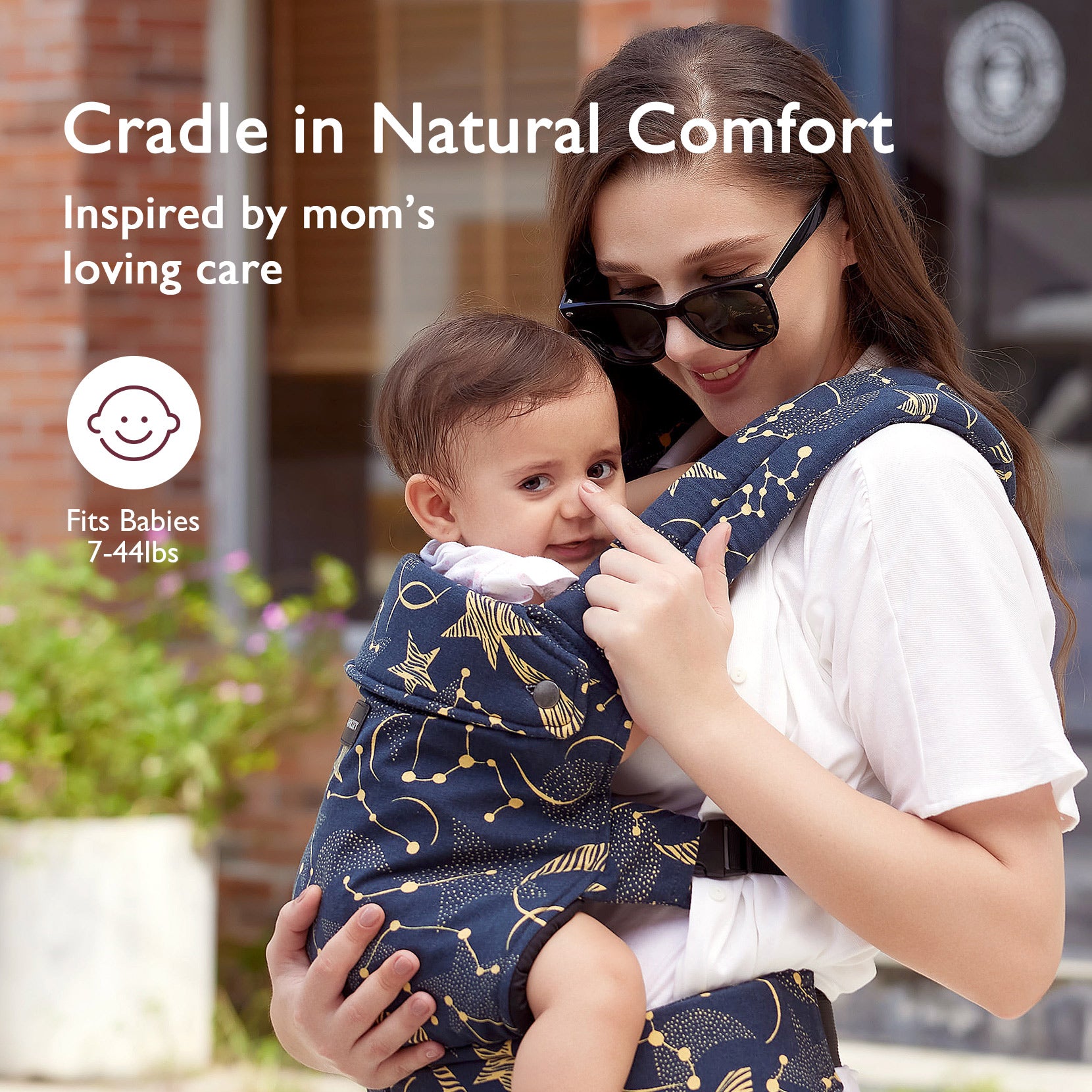 Momcozy PureHug baby carrier, navy blue with star pattern, comfortable babywearing for newborns (7-44lbs).