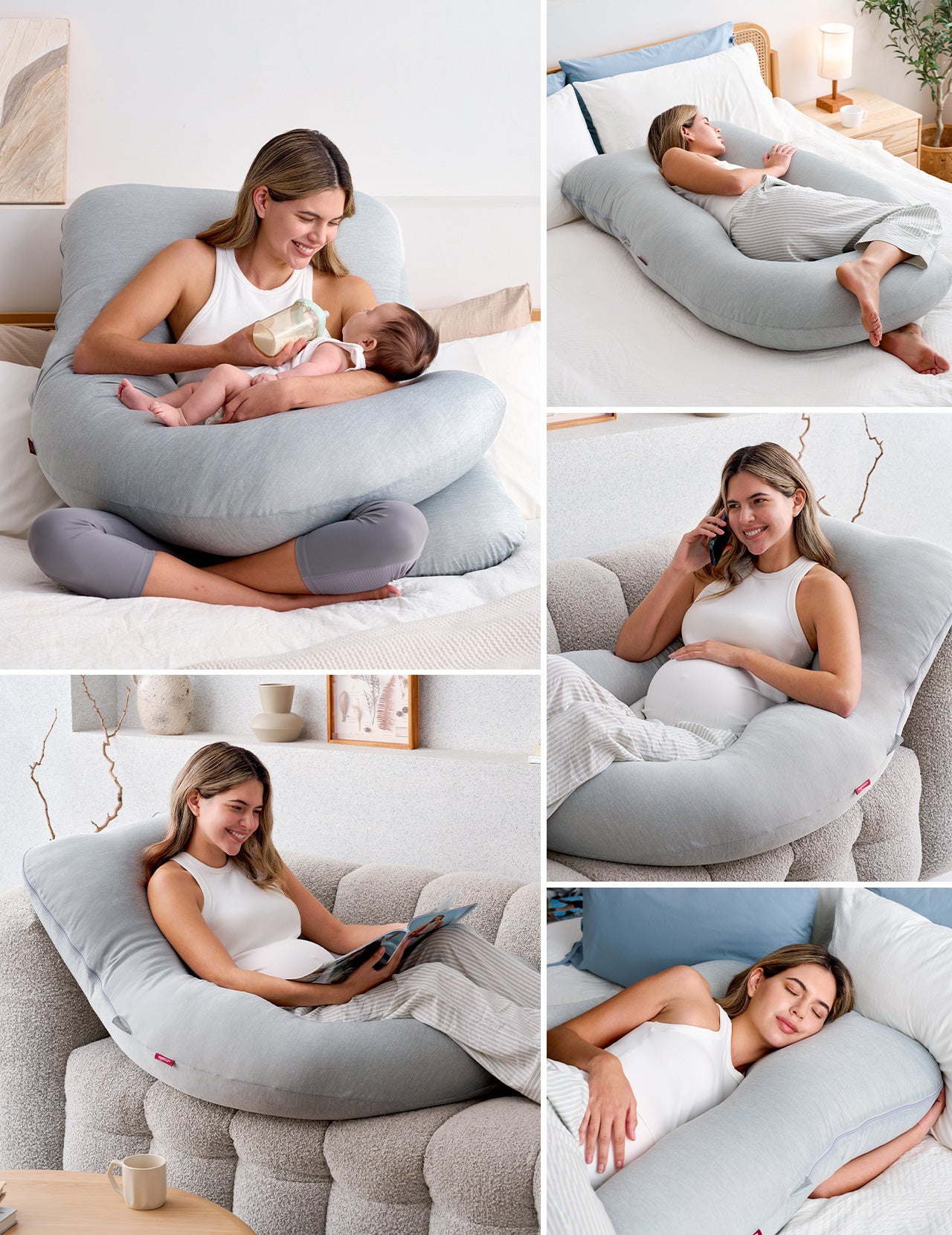 U-shaped maternity body pillow, light gray, for pregnancy support and restful sleep, Momcozy Huggable