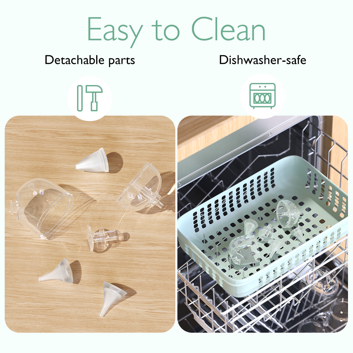 Momcozy Nasal Aspirator is easy to clean, with detachable parts and dishwasher-safe components for convenient infant care.
