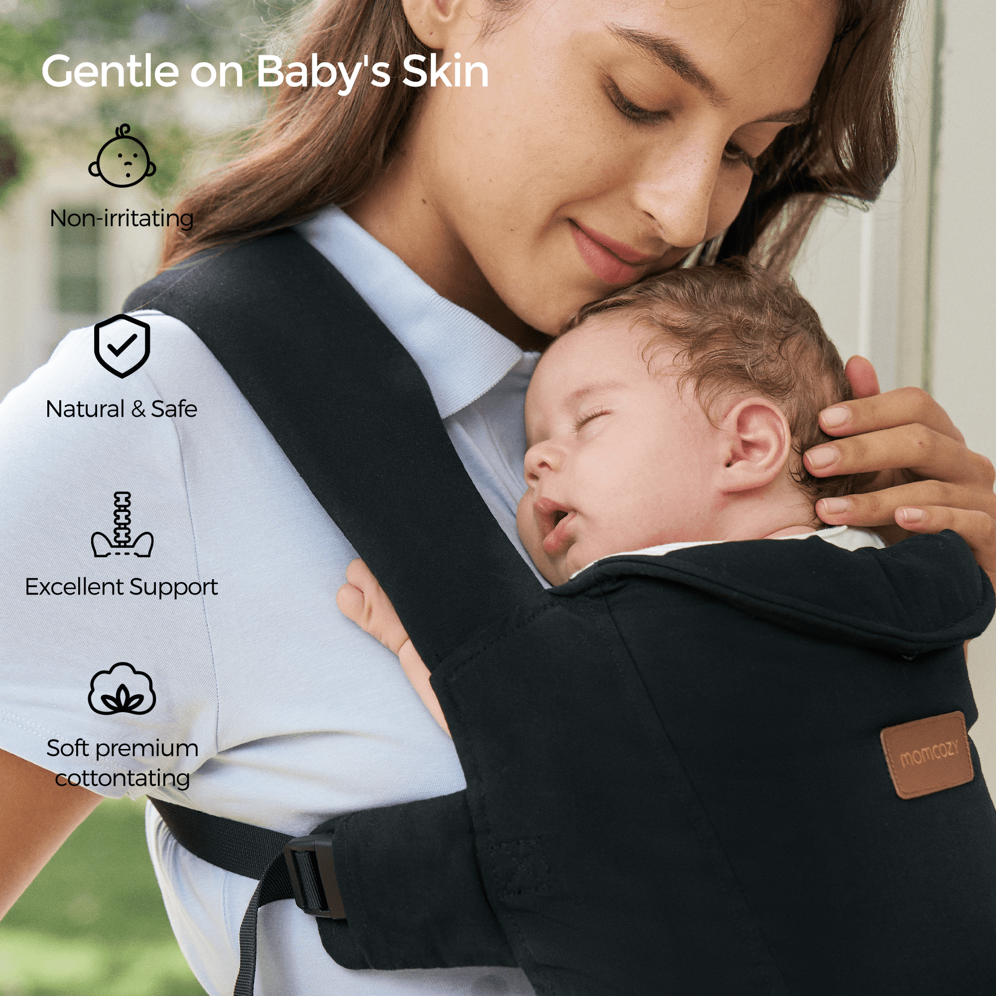 Momcozy WeeSnug Newborn Carrier in black, featuring soft premium cotton, providing gentle and natural care for baby's skin