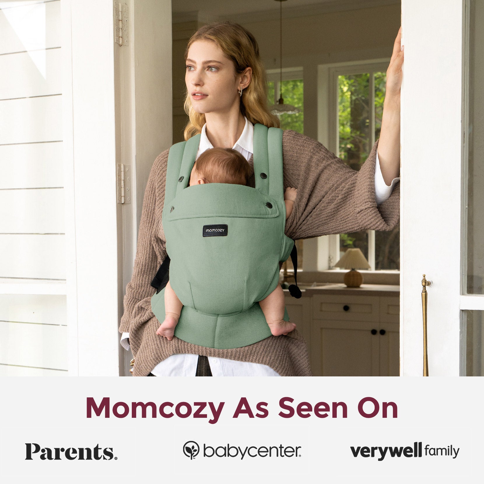 Momcozy PureHug baby carrier, mother babywearing. Featured in Parents, BabyCenter, and Verywell Family. Stylish babywearing.