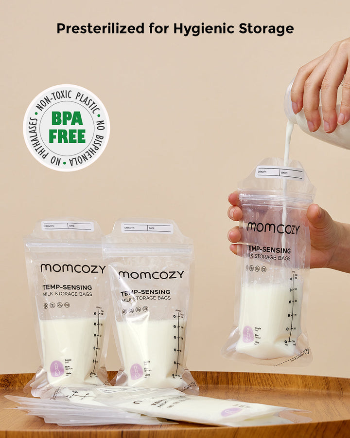 Momcozy Temp-Sensing Milk Storage Bags filled with breast milk being used to store breast milk. Presterilized for hygienic storage, BPA free and non-toxic.