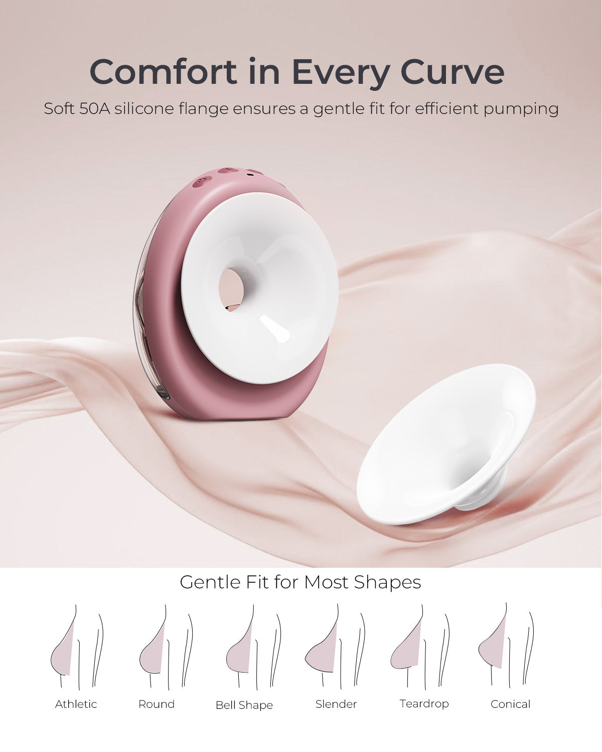Momcozy Air 1 pink breast pump & soft silicone flange. Gentle fit for all breast shapes for efficient pumping.