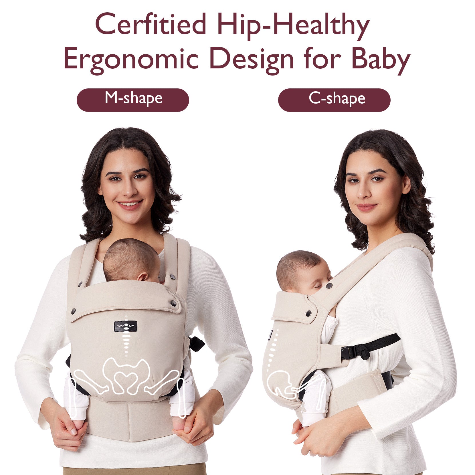 Momcozy PureHug baby carrier: Ergonomic design for hip-healthy babywearing, with M and C-shape display. Beige carrier.