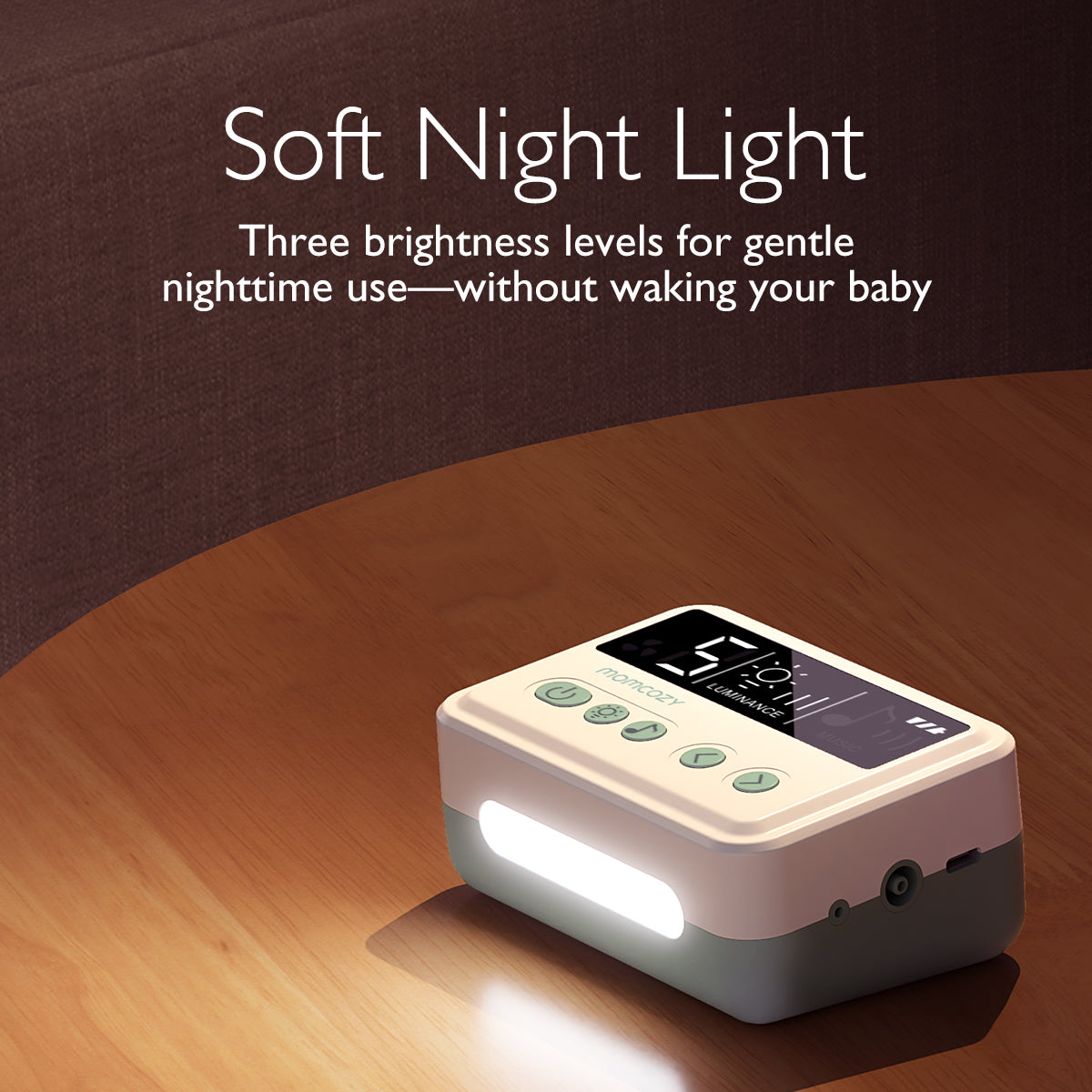 Momcozy night light with adjustable brightness for gentle nighttime use, featuring a digital display.