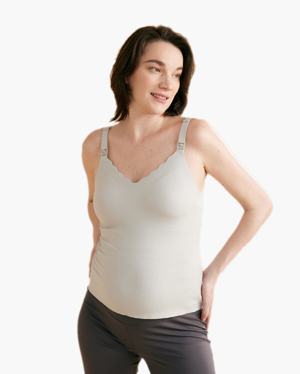 Grey Maternity Nursing & Pumping Tank Top with scalloped edges and adjustable straps