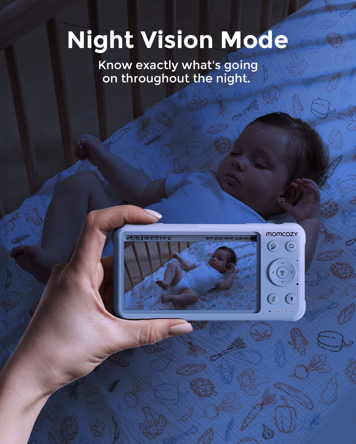 Momcozy 1080P Video Baby Monitor with Night Vision, showing baby in crib and monitor interface