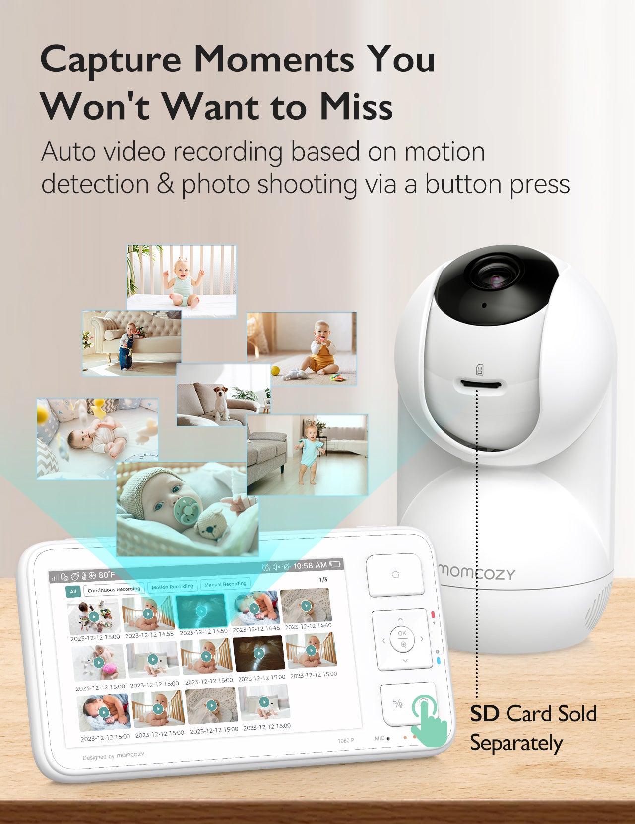 Momcozy BM03 baby monitor: crystal-clear HD camera, auto recording, and motion detection for easy baby monitoring.