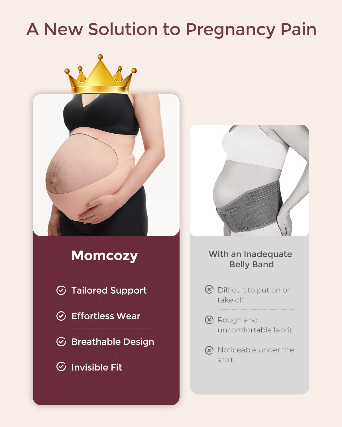 Momcozy BumpEase peach maternity band: tailored support, easy wear, breathable, invisible. Vs. inadequate gray band.