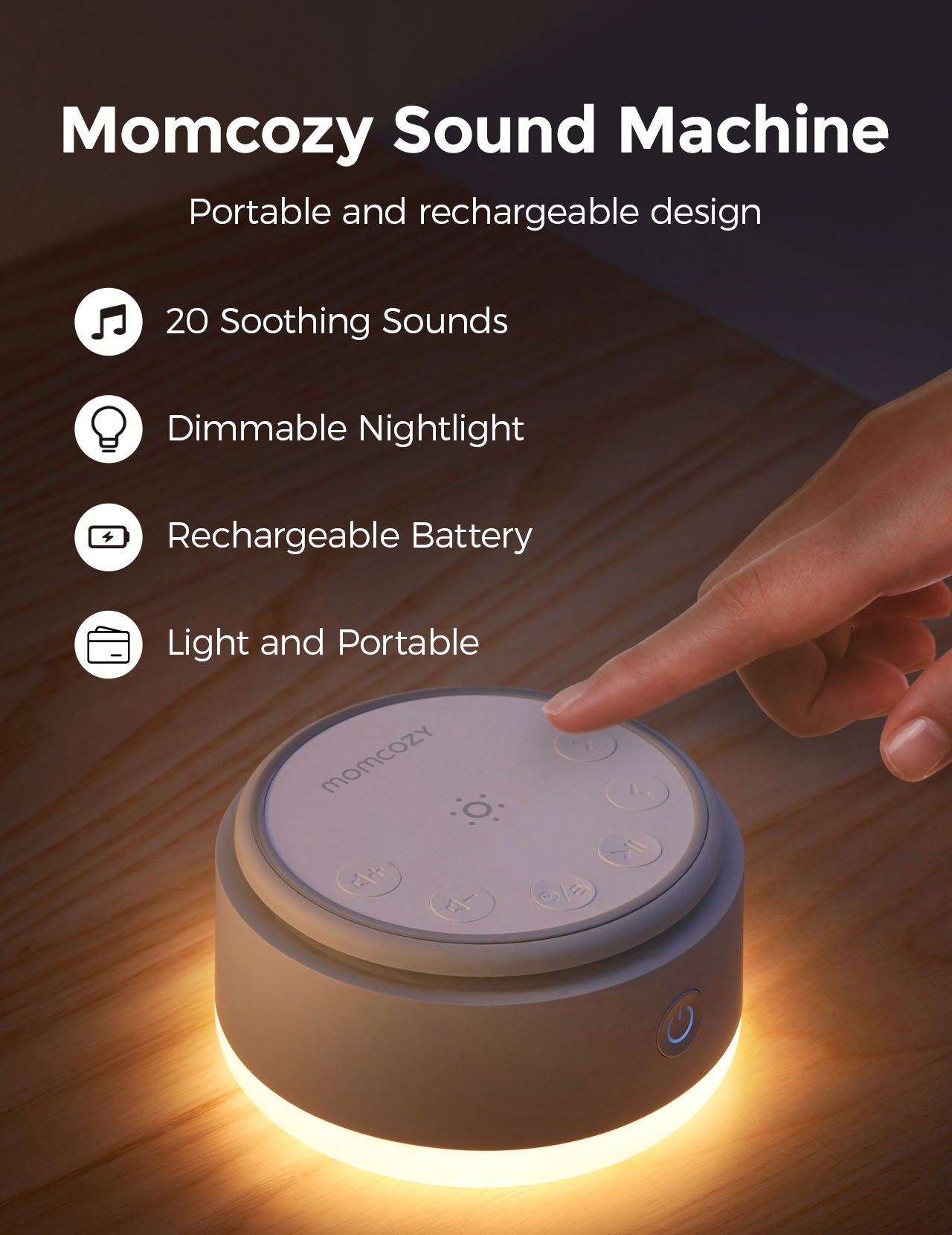 Momcozy baby sound machine with warm light and rechargeable battery, featuring 20 soothing sounds and a dimmable nightlight.
