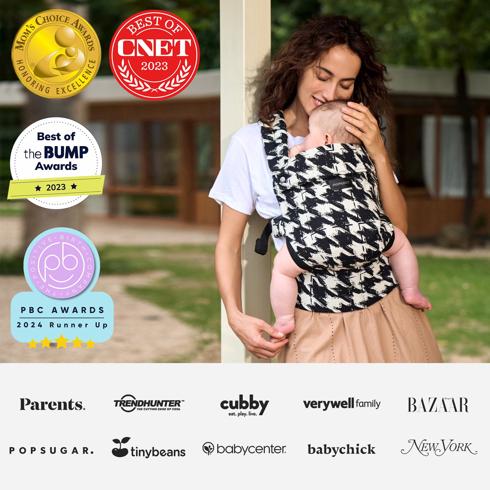 Momcozy PureHug houndstooth baby carrier, mother babywearing. Award-winning design. Comfortable and stylish babywearing.