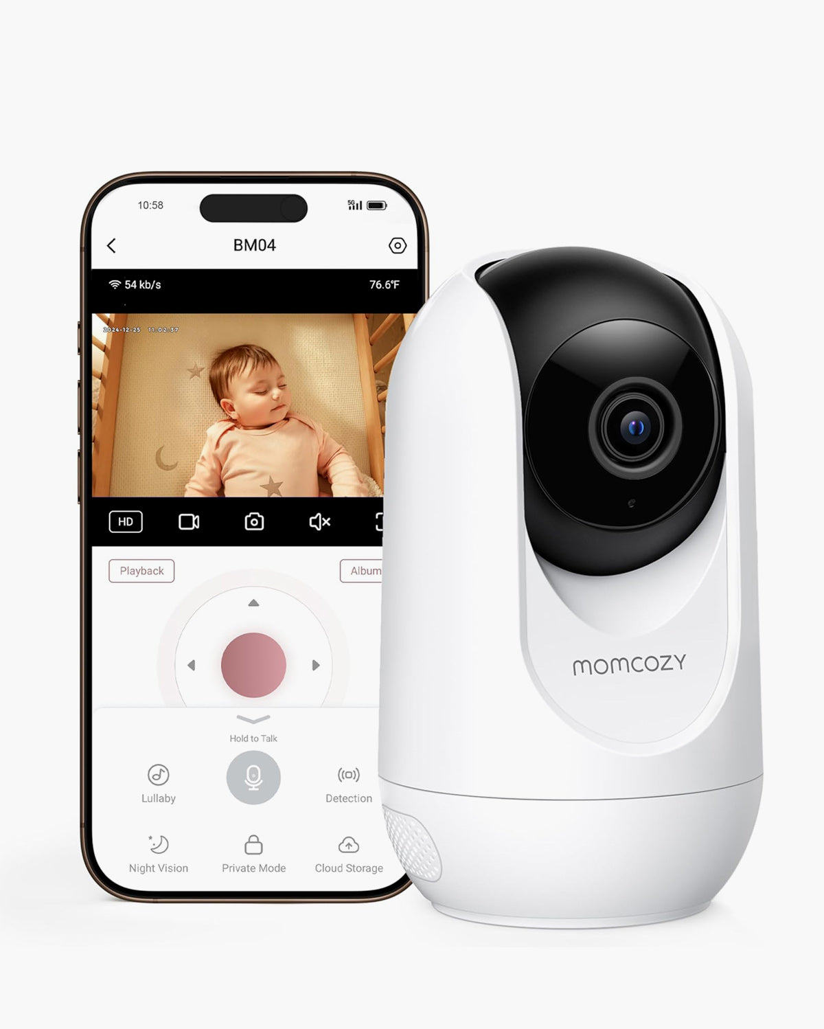 Momcozy BM04 Baby Monitor. Featuring a live HD video feed of a baby, night vision, and cloud storage capabilities.