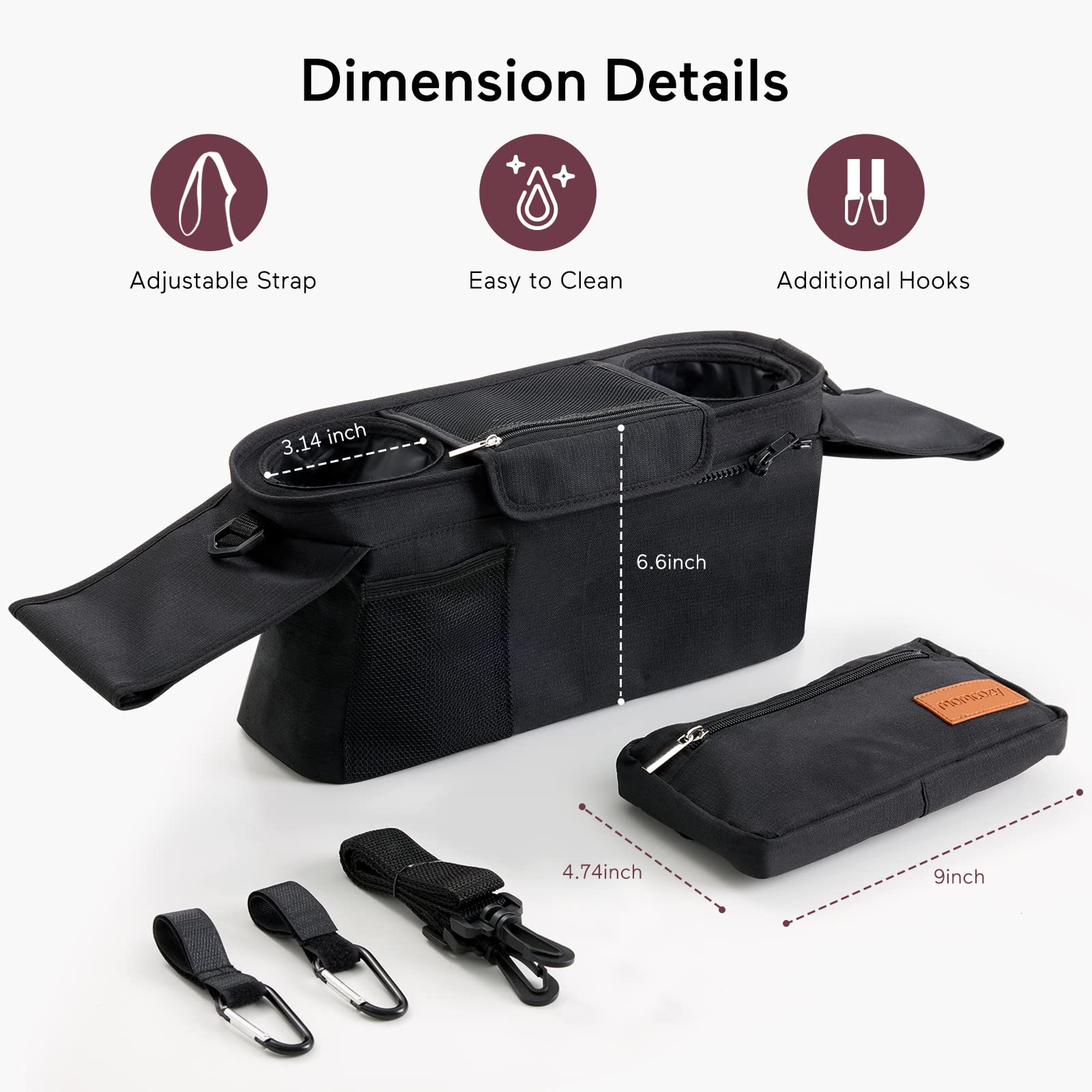 Black Momcozy stroller organizer with dimension details. Features: cup holder, adjustable strap, and hooks. Designed for strollers.