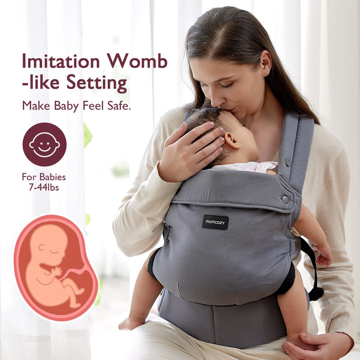 Mother using grey Momcozy baby carrier holding infant, featuring text 'Imitation Womb-like Setting', 'Make Baby Feel Safe.', and 'For Babies 7-44lbs' with a fetus illustration.