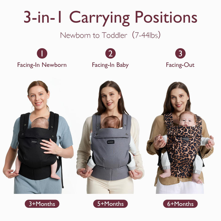 Mothers demonstrating 3-in-1 carrying positions for Momcozy baby carrier, including facing-in newborn, facing-in baby, and facing-out positions, suitable for newborn to toddler (7-44lbs).