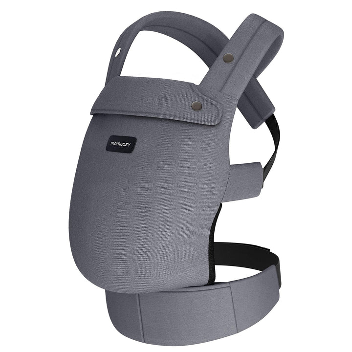 Grey baby carrier for newborns to toddlers by Momcozy, featuring supportive straps and waistband.