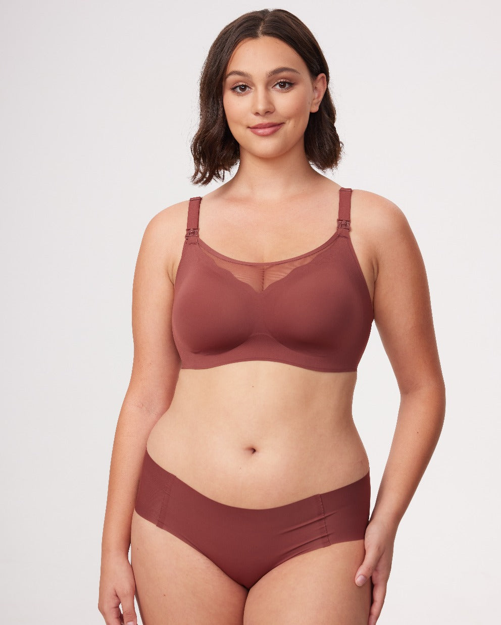 Model showcasing burgundy V Mesh Nursing Bra designed for comfort and nursing ease.