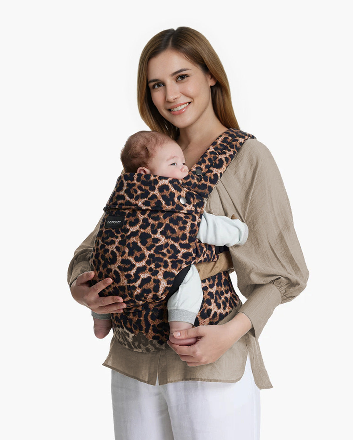 Momcozy PureHug baby carrier in leopard print held by a smiling mother, designed for comfort and style