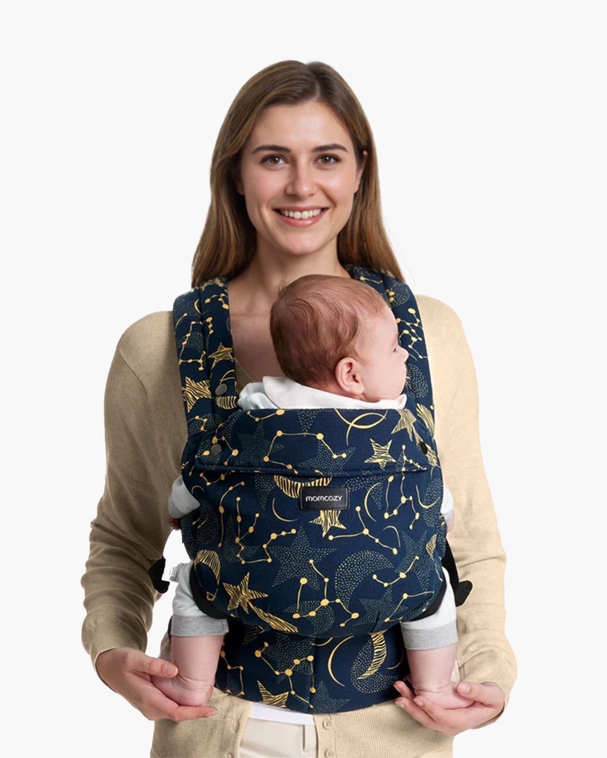 Momcozy PureHug baby carrier in Starry Night color. Navy blue and golden star pattern, comfortable baby carrier.