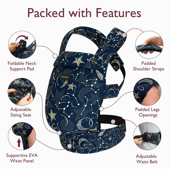 Momcozy baby carrier Starry Night color with foldable neck support pad, padded shoulder straps, adjustable sizing seat, padded leg openings, supportive EVA waist panel, and adjustable waist belt.