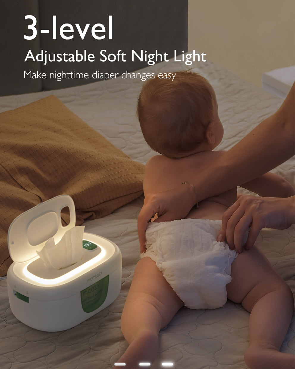 Adjustable soft night light and wipe warmer for easy nighttime diaper changes.