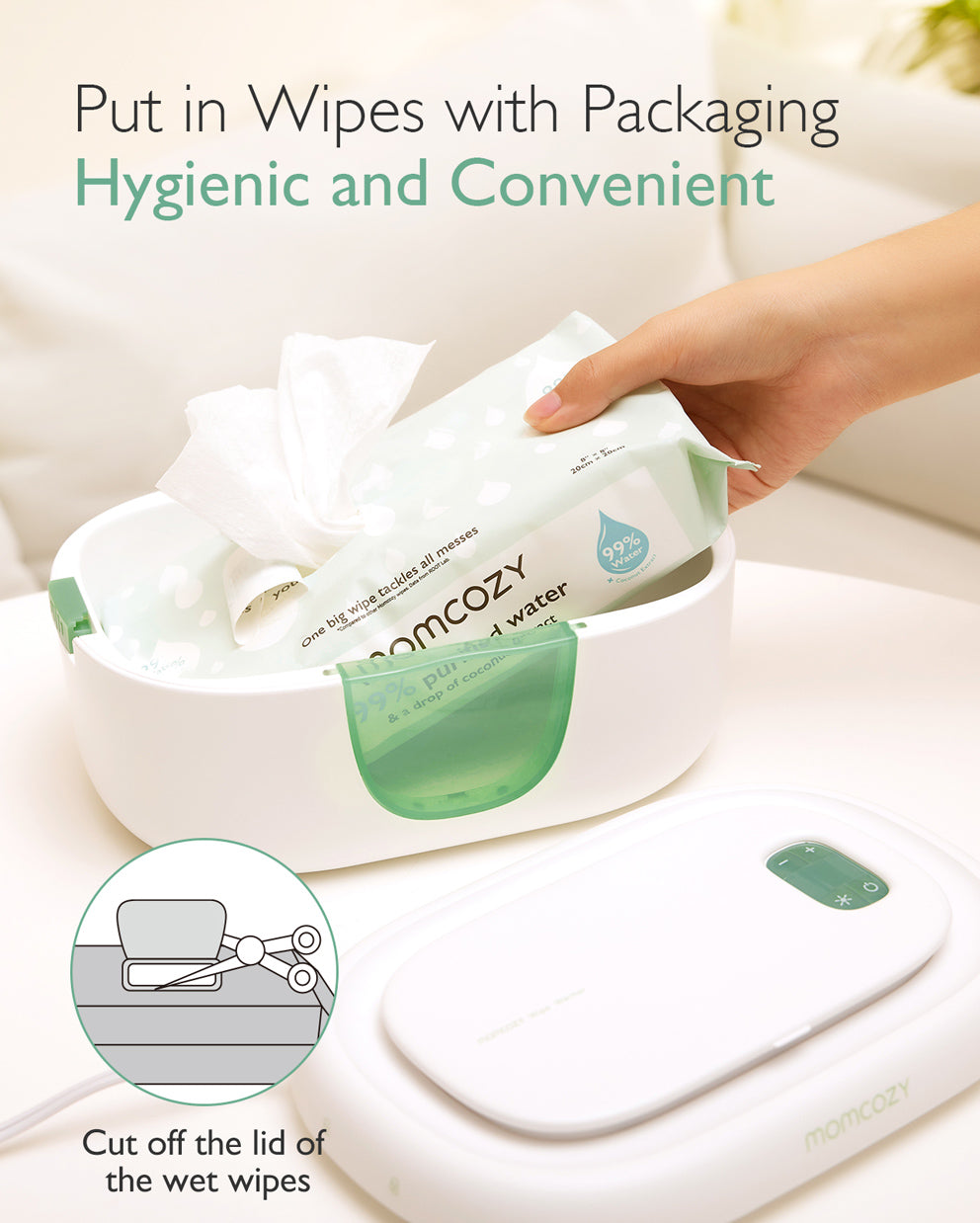 User placing wipes into Momcozy baby wipe warmer for easy access and hygiene.