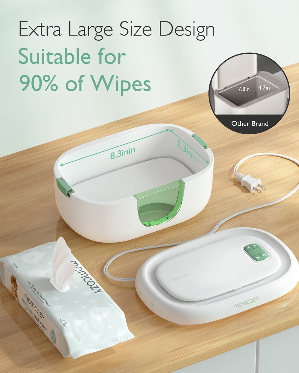 Extra large Momcozy baby wipe warmer suitable for 90% of wipes with power cord.